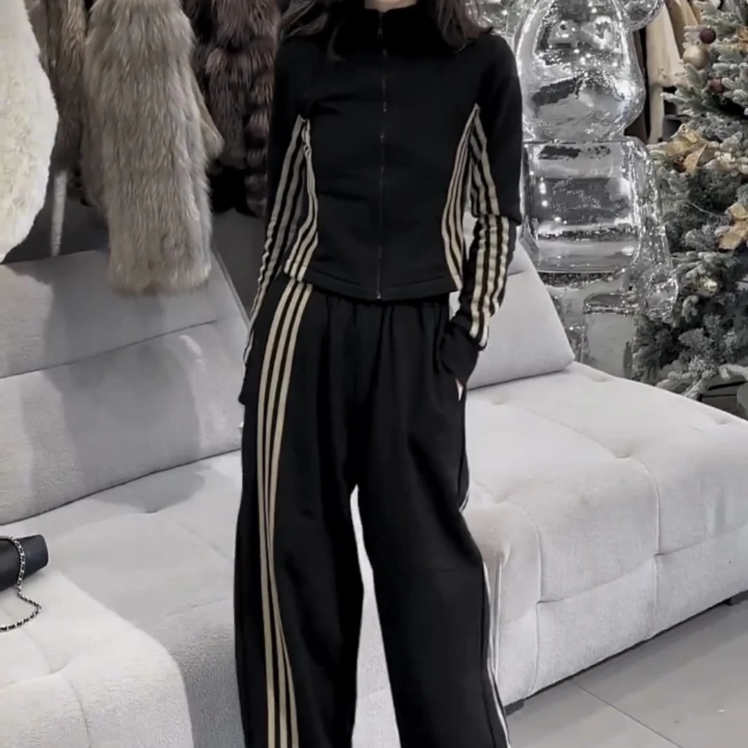 2025欧货套装女春秋新款时尚显瘦侧条纹小蛮腰两件套