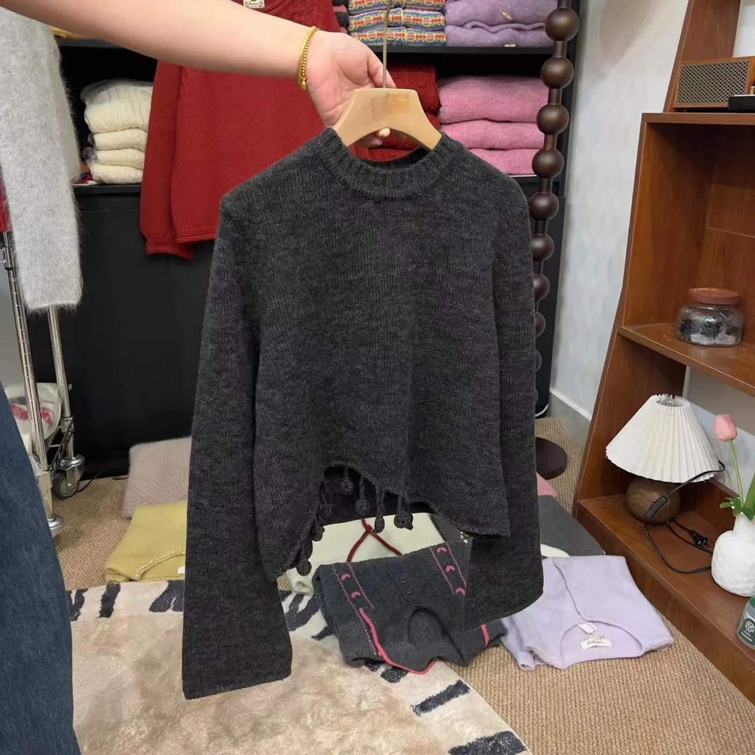 T2291 小球毛衣 灰色短款秋冬女毛衣慵懒风