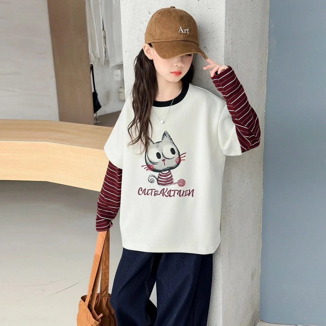 女童卫衣春秋2025新款儿童洋气时髦上衣女大童秋装假两件打底衫潮