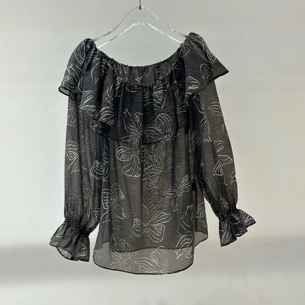 衬衫-135B503019艾家蝴蝶印花百搭一字肩喇叭袖