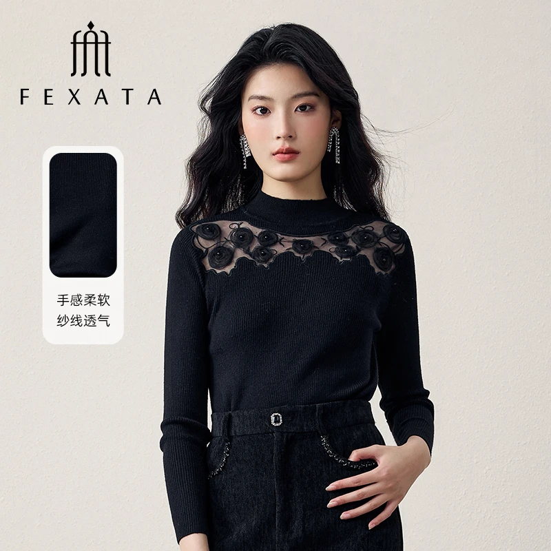 【媛媛女王严选】FEXATA斐格思时尚设计时髦花朵半高领毛针织衫打底