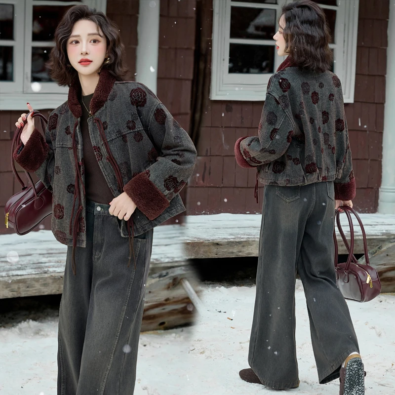 复古港风毛绒拼接牛仔套装女2025年冬季新款加绒加厚阔腿裤两件套