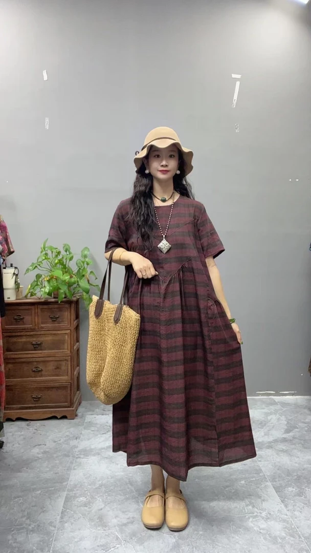 5137夏季新款清凉气质时尚复古遮肚宽松女显瘦百搭圆领休闲连衣裙