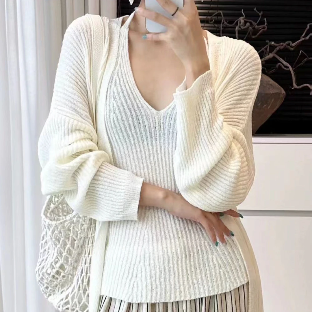 D秋季休闲慵懒风中长款针织开衫上衣+V领挂脖背心两件套女