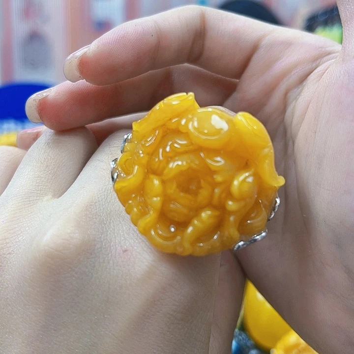 蜜蜡银S925镶嵌裸石戒指