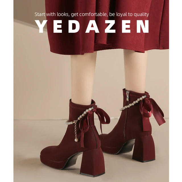 蝴蝶结高跟鞋厚跟红色婚礼鞋新娘鞋2025新的后拉炼短靴为小妇女增