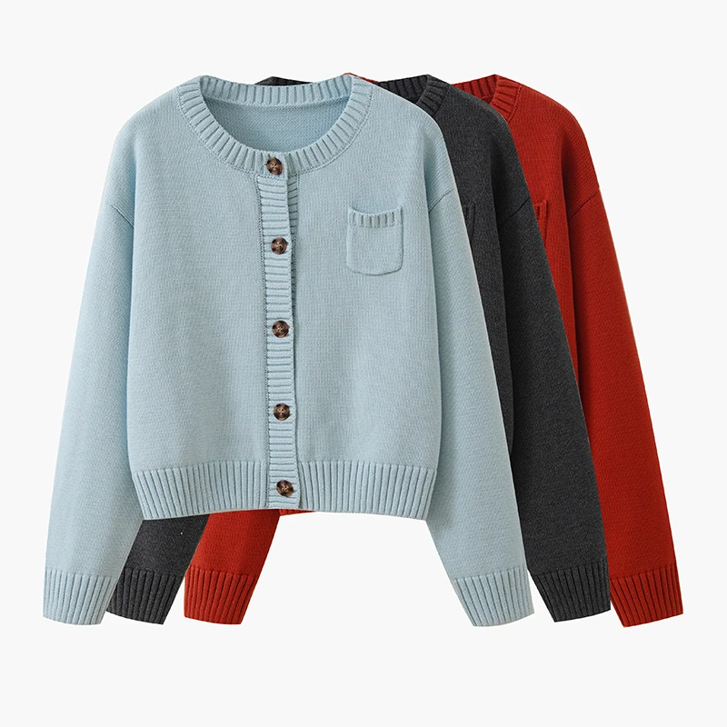 100%纯棉开衫毛衣女短款小口袋设计感秋冬新款配裙子外搭针织外套