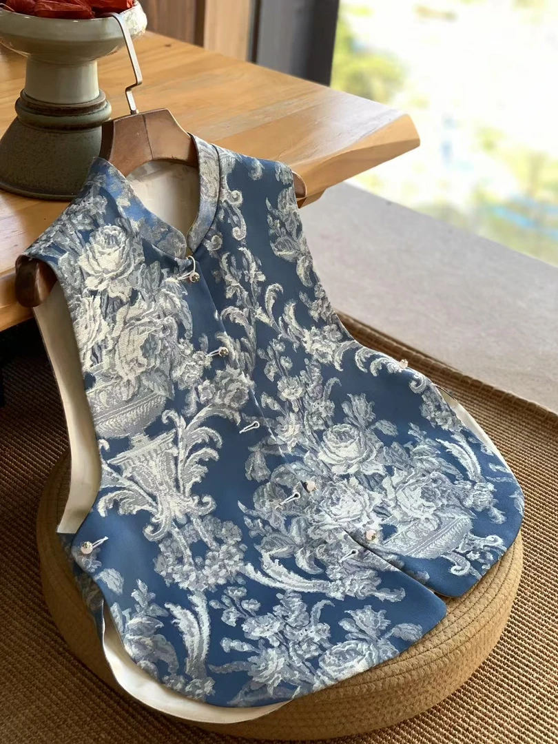 漱玉【墨染天青】新中式天青色提花百搭立领组合双面宋锦马甲女夏季