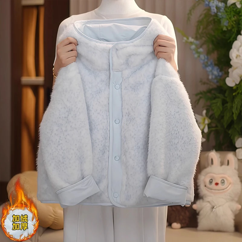 女童两面穿毛毛衣外套2025新款冬季加绒加厚连帽保暖棉服冲锋衣潮