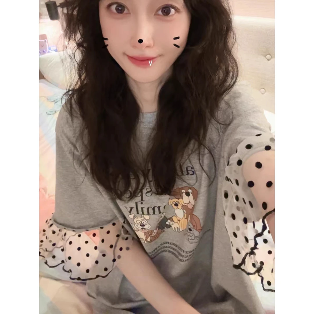 大码韩国女装小衫夏新款胖mm减龄卡通狗狗印花波点网纱袖T恤上衣