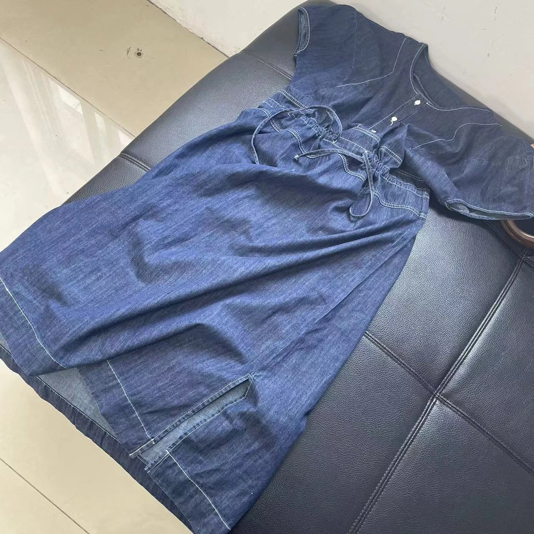 CS370夏装新款圆领短袖宽松水洗做旧高品质牛仔连衣裙