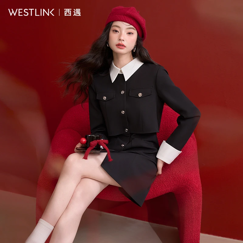 0067轻奢优雅假两件撞色翻领小香风连衣裙女2025春季千金风短裙