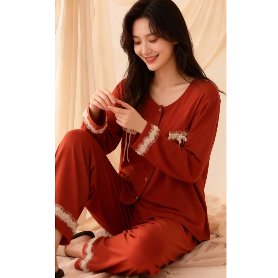 冬季加厚睡衣女新款爆款高端保暖长袖家居服套装（枫叶红）