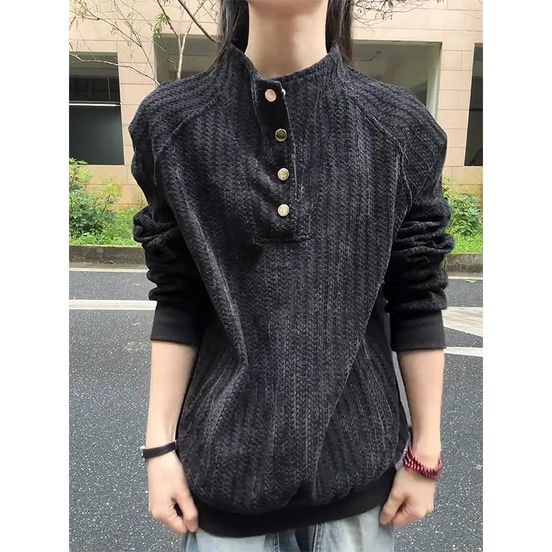 鱼骨纹亨利领卫衣男款秋季美式立领条纹长袖t恤重磅内搭打底上衣