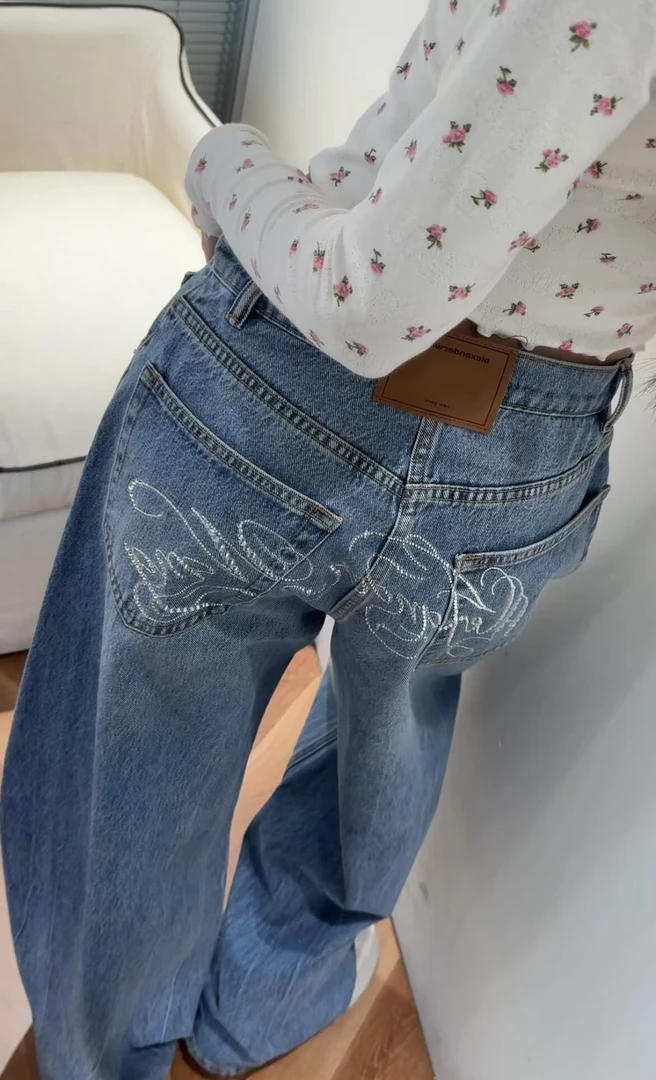 【Vera】aw烫钻阔腿夏日百搭低腰牛仔裤