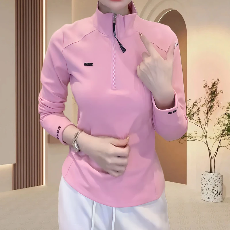 韩系立领半拉链刺绣长袖T恤女2025秋季新款修身显瘦百搭洋气上衣