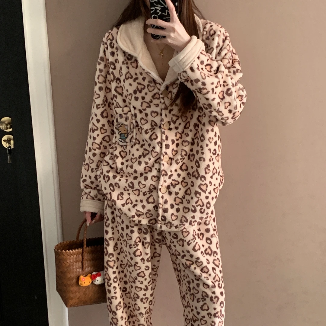 珊瑚绒睡衣女秋冬季大码加厚法兰绒豹纹猫咪套装可外穿冬天家居服