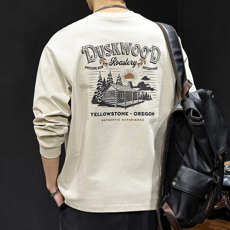 LEIGHZ/雷茨秋季2025新款美式长袖t恤男大码休闲圆领印花纯棉春秋