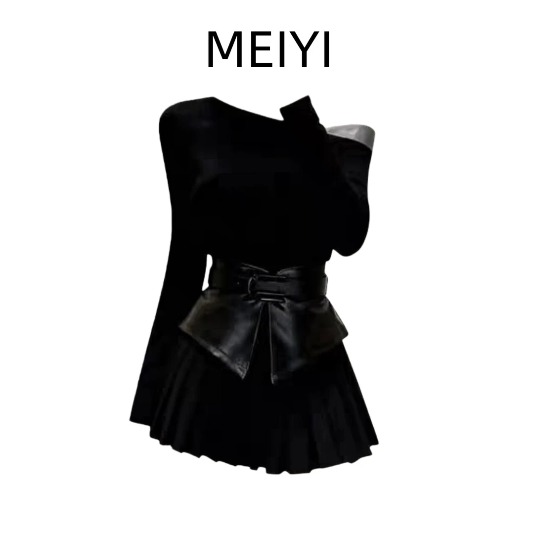 法式赫本风假两件黑色斜领露肩连衣裙女高级感收腰显瘦百褶短裙子