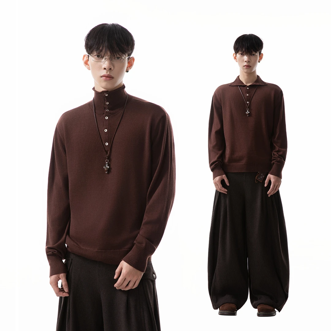 美式复古羊毛混纺高领纽扣针织衫男女秋冬长袖打底衫纯色短款毛衣