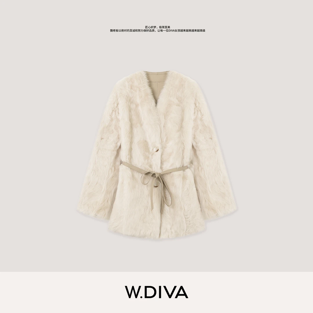 W.Diva【温柔曲】baby羔羊小湖羊轻盈宽松皮草廓形外套女54C093184