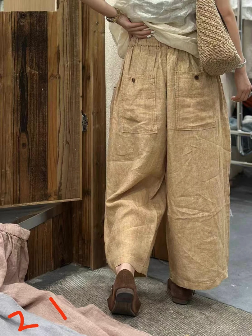 休闲直筒亚麻女裤