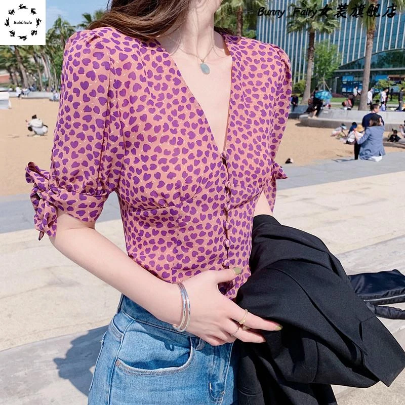 雪纺衫女短袖夏季2025新款宽松时尚洋气小衫收腰气质短款v领上衣