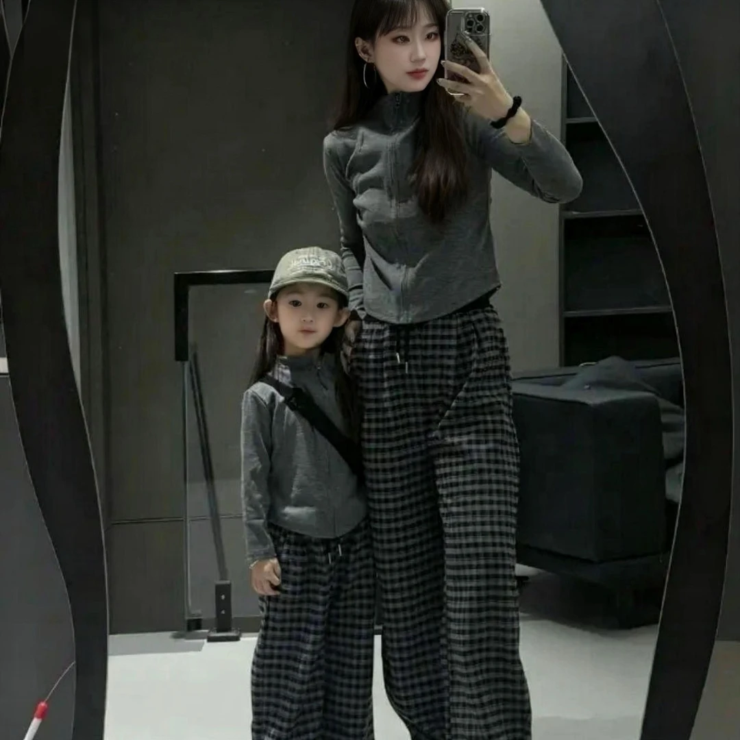 亲子装套装春秋常规拉链运动休闲套装韩版风格母女套装加绒款