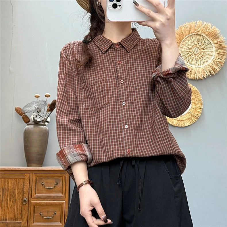 春秋新款复古文艺格子长袖衬衫宽松休闲纯棉上衣百搭显瘦休闲衬衣