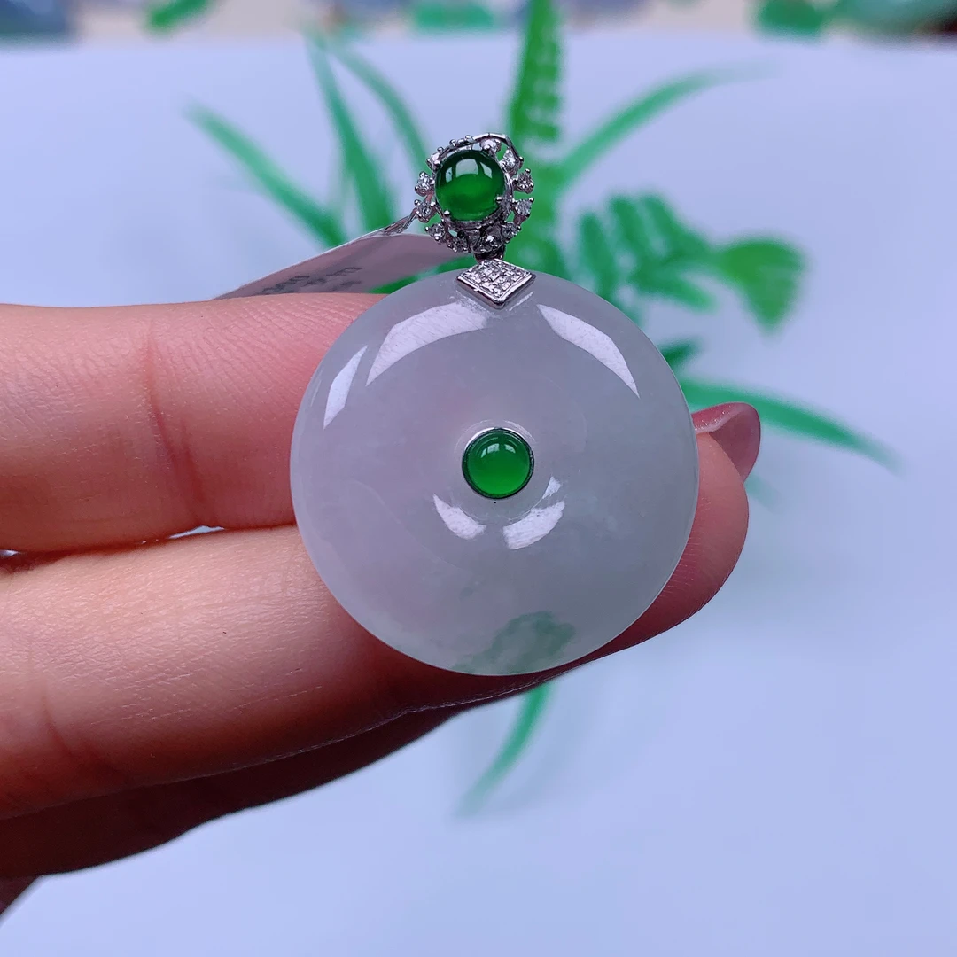 缅甸天然A货翡翠，冰飘花平安扣 编号j/214尺寸24.5-5.6