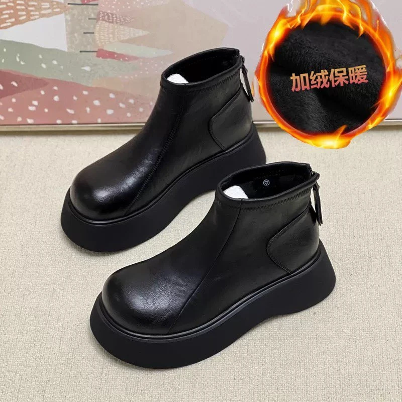 厚底短靴女2025新款秋冬季增高切尔西靴加绒马丁靴棉鞋