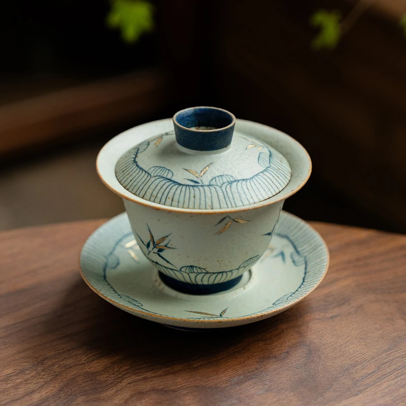 赞朴青花火石红三才陶瓷盖碗茶杯家用纯手绘竹影泡茶器带盖敬茶碗