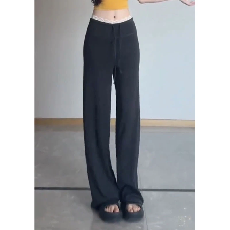 松弛感慵懒风蕾丝腰头拼接休闲裤女夏季新款高腰显瘦直筒拖地裤潮