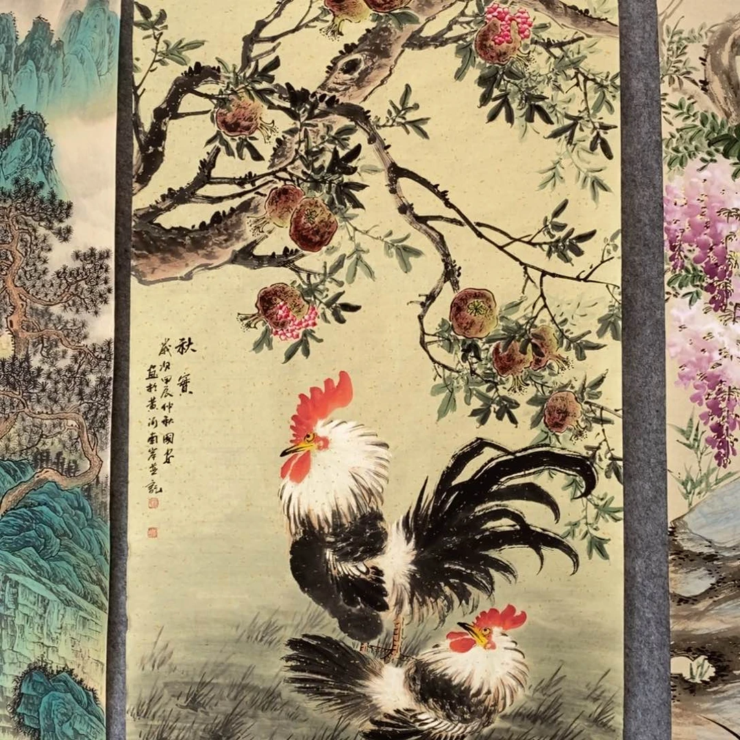 国画@*说公鸡石榴国画