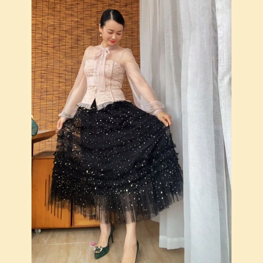经华艺绣亮片网纱蛋糕裙法式气质甜美中长裙百褶高腰蓬蓬裙半身裙