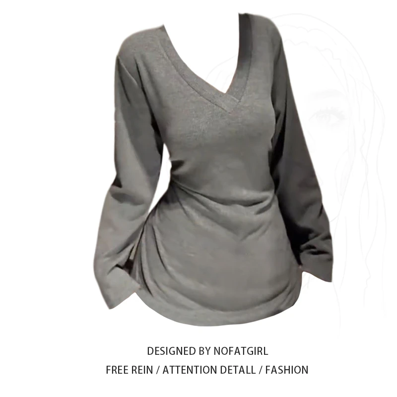 大码胖妹妹辣妹风V领针织长袖上衣女秋冬设计感系带收腰显瘦上衣