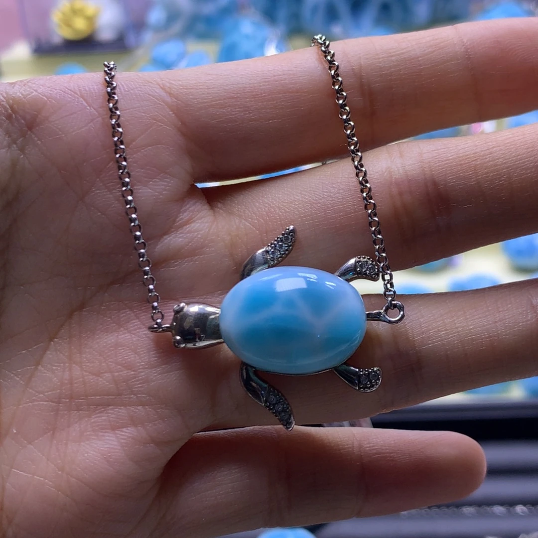 针钠钙石（海纹石）银S925镶嵌手链银龟手链色差略异