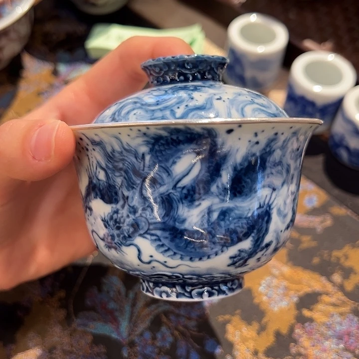 吉*钟家窑柴窑水墨玄龙二才盖碗