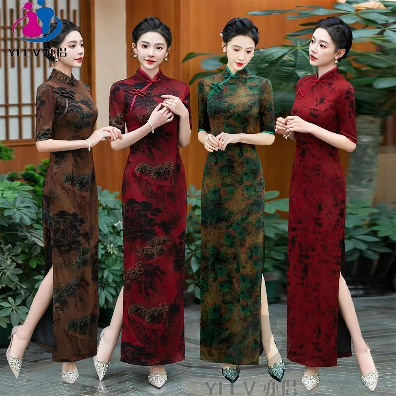 2025秋季新款气质复古改良长旗袍中年妈妈大码显瘦连衣裙日常表演