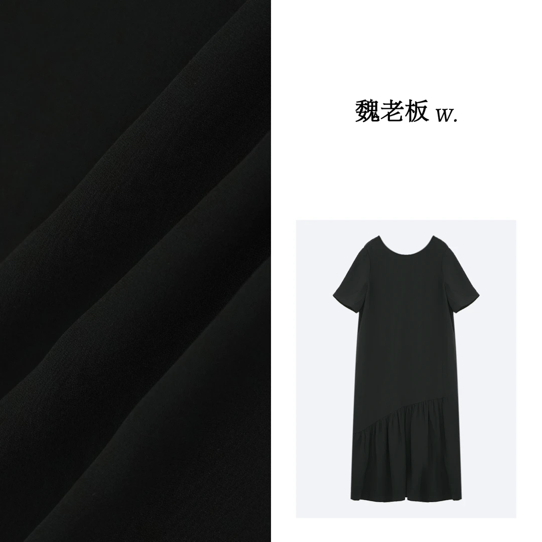 W.Diva【摇曳身姿】春季黑色100重绉桑蚕丝30姆米短袖长裙2DDM03360