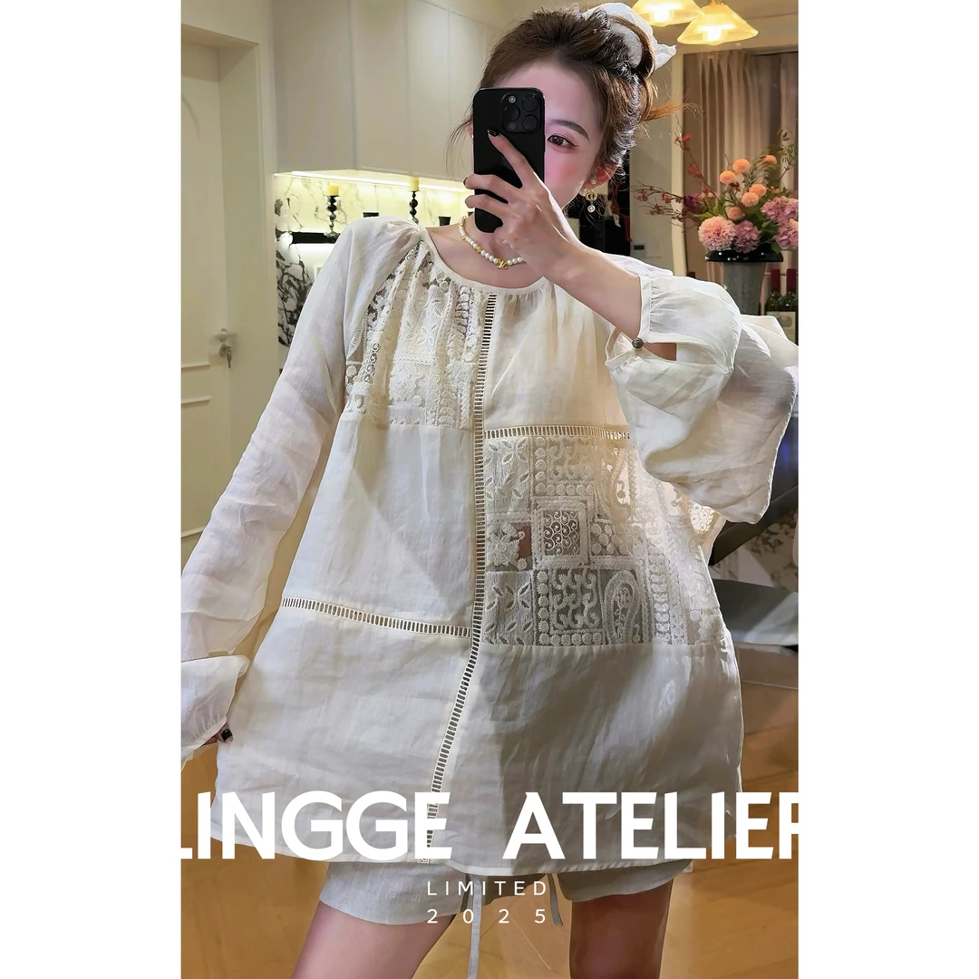 LINGGE ATELIER • 蕾丝雅韵 重工蕾丝镂空全竺麻宽松衬衫防晒衣女