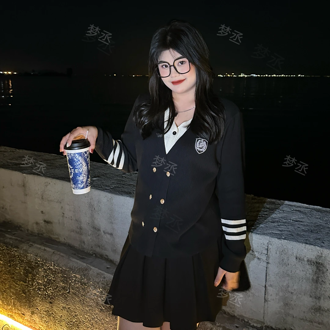 梦丞-大码女装V领假两件设计感显瘦遮肉减龄百搭长袖针织衫上衣