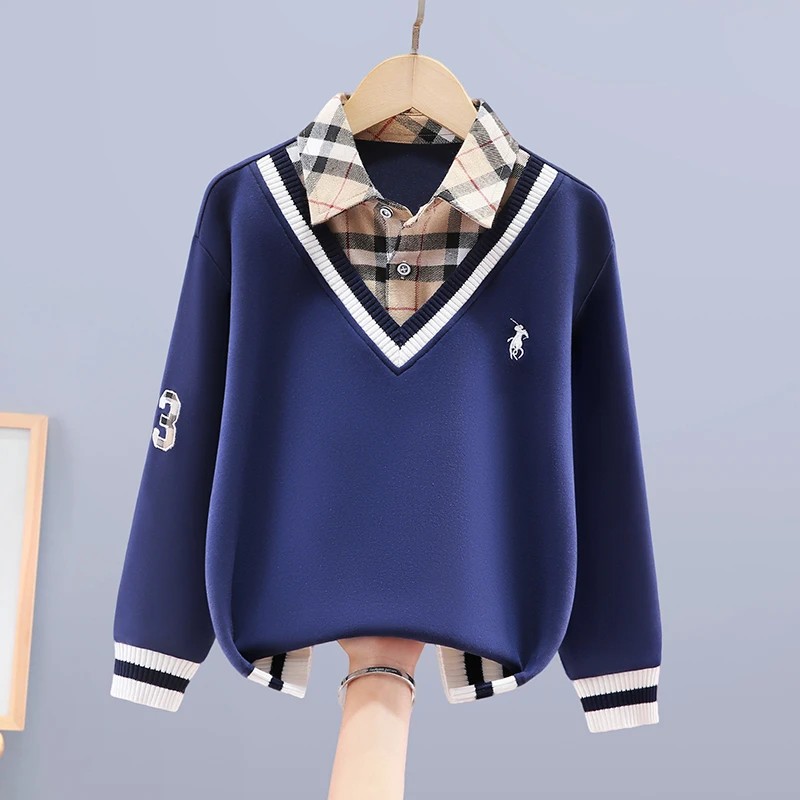 男童假两件卫衣儿童2025新款春秋款长袖衬衫领中大童洋气上衣休闲