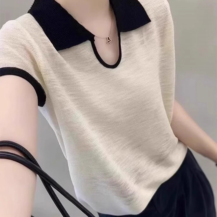 设计感小众不撞衫polo领正肩短袖T恤女夏季薄款时尚针织欧货上衣