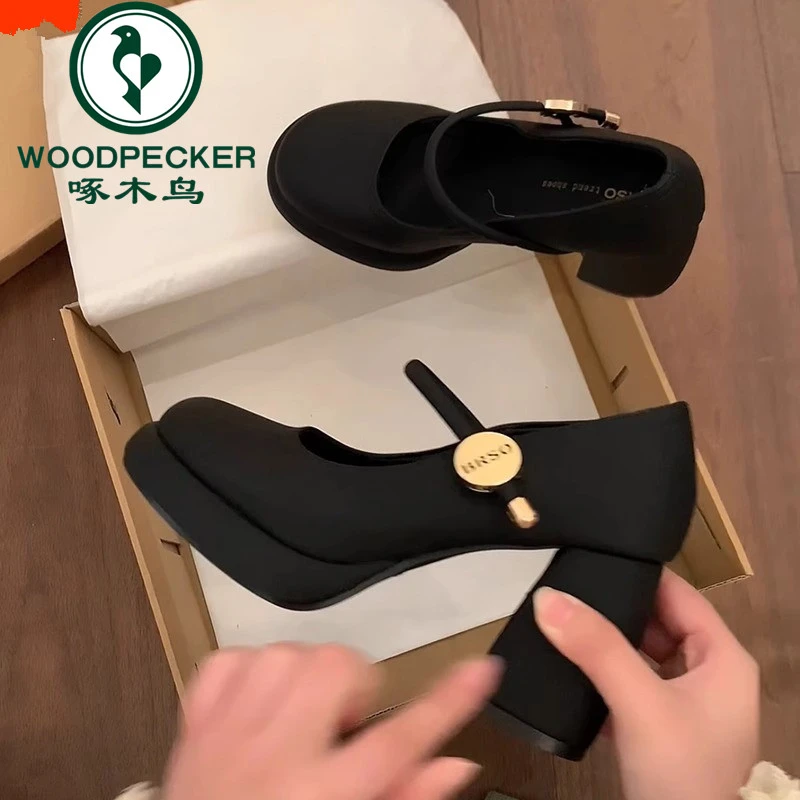 啄木鸟小码大码单鞋小个子粗跟高跟鞋女2025新款春秋玛丽珍小皮鞋