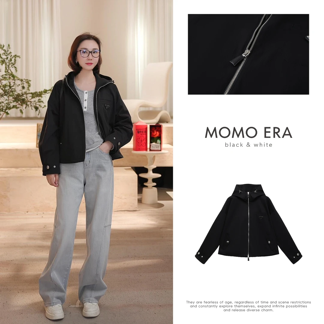 10122 WT 双头拉链休闲连帽外套 MOMOERABLACK&WHITE