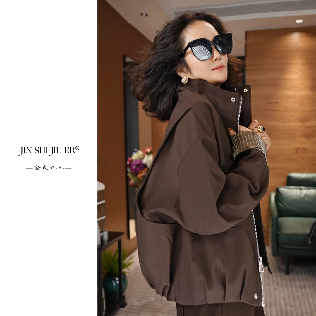 JIUER韩系立领拼接格纹夹克短外套 短款时尚休闲复古宽松1001