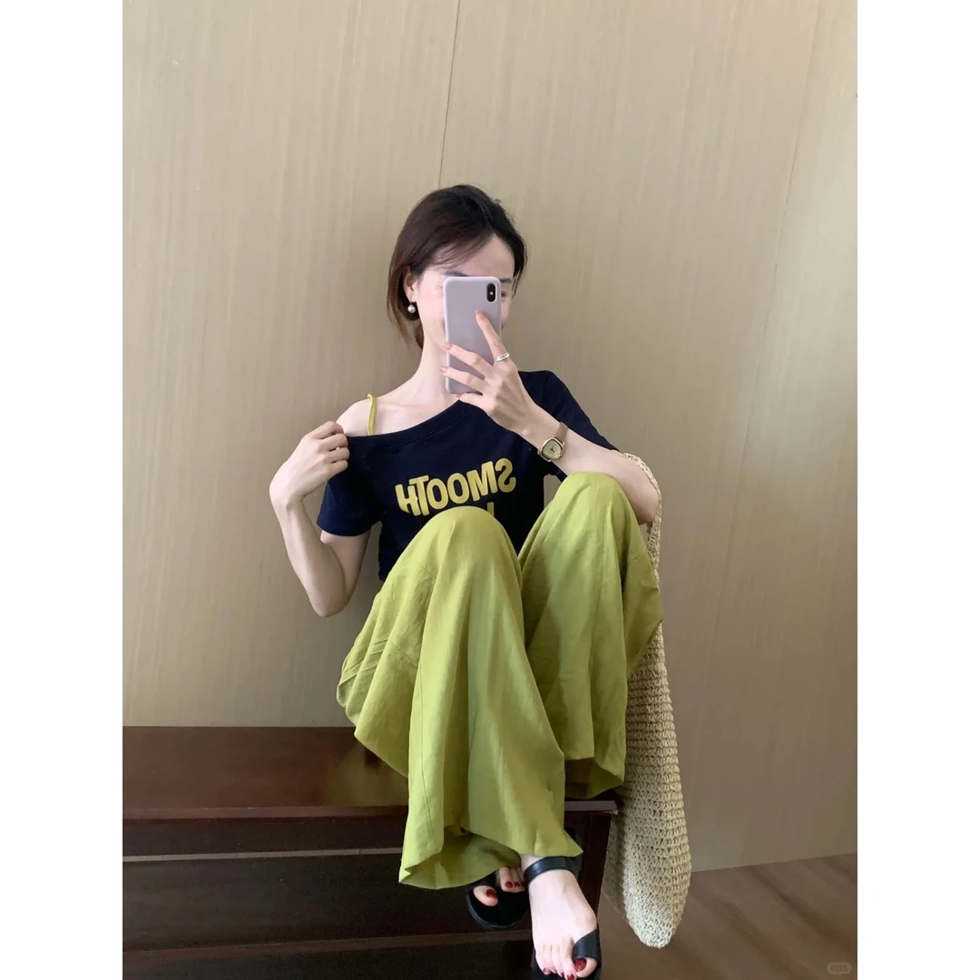 2025新款爆款洋气甜美可爱衣服纯欲女装气质蓝色上衣绿色裤子套装