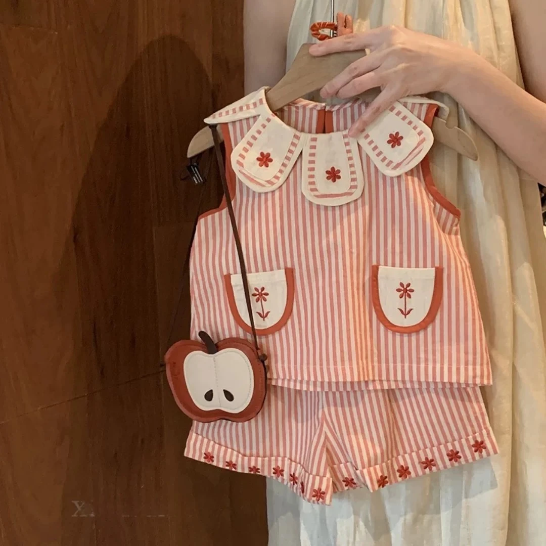 女童夏季新款背心套装女宝条纹花瓣领无袖娃娃衫纯棉短裤两件套潮
