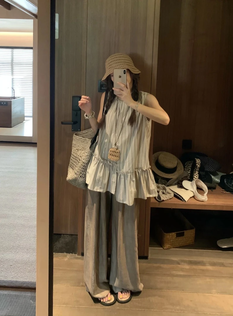 （芈小可）不规则条纹上衣2025夏季法式优雅无袖背心女套装TZ6260#